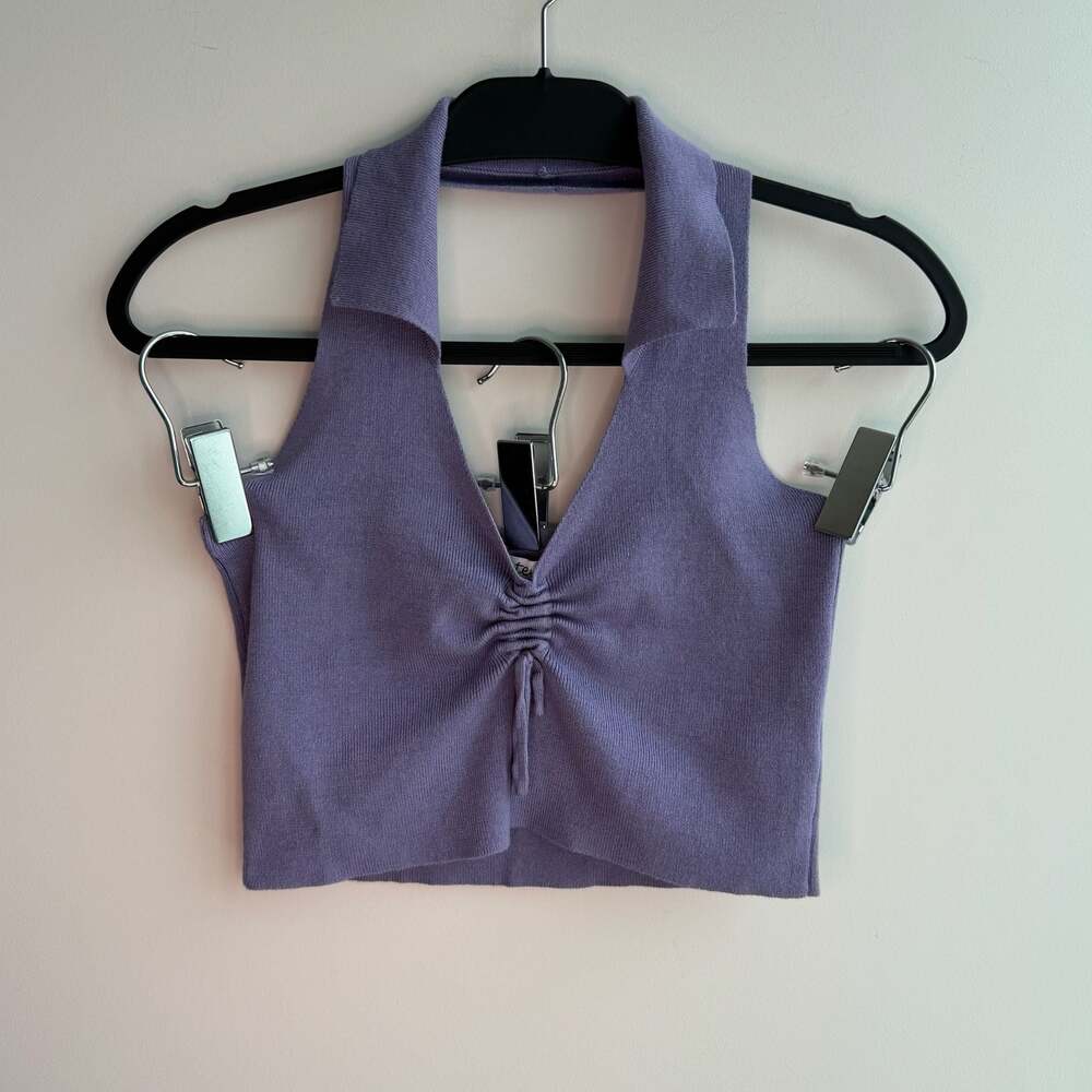 Aster Purple Ruched Halter Knit Crop Top Size M